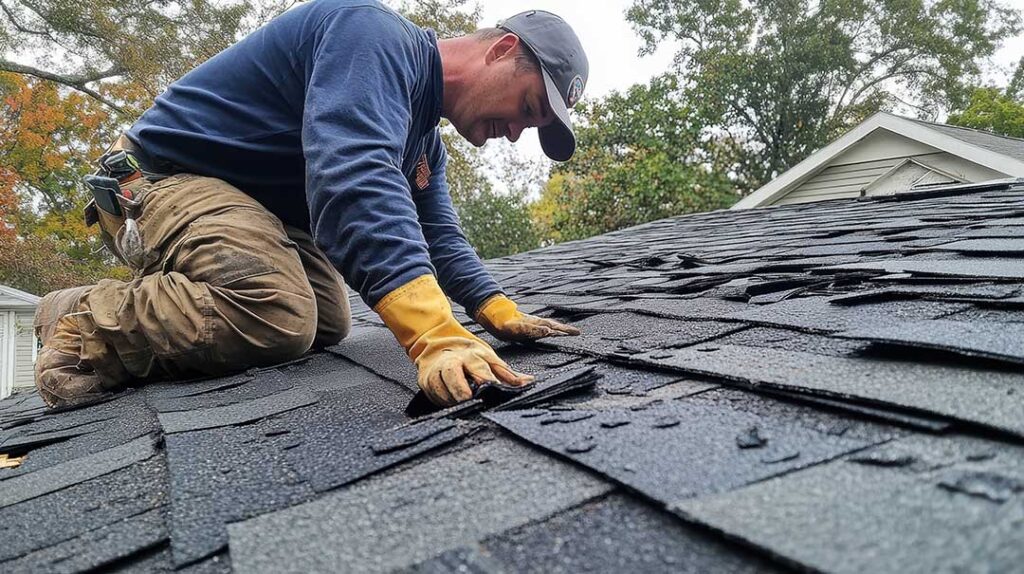 A homeowner examines soffit vents and insulation in a bright attic beneath a sloped roof.
