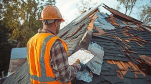 Roof inspector examining curled shingles and worn granules on an aging asphalt roof.
